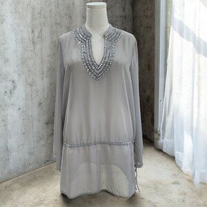 Boston Proper Beaded Sheer‎ Tunic Top Size 12 Glam Boho Resort Occasion Feminine